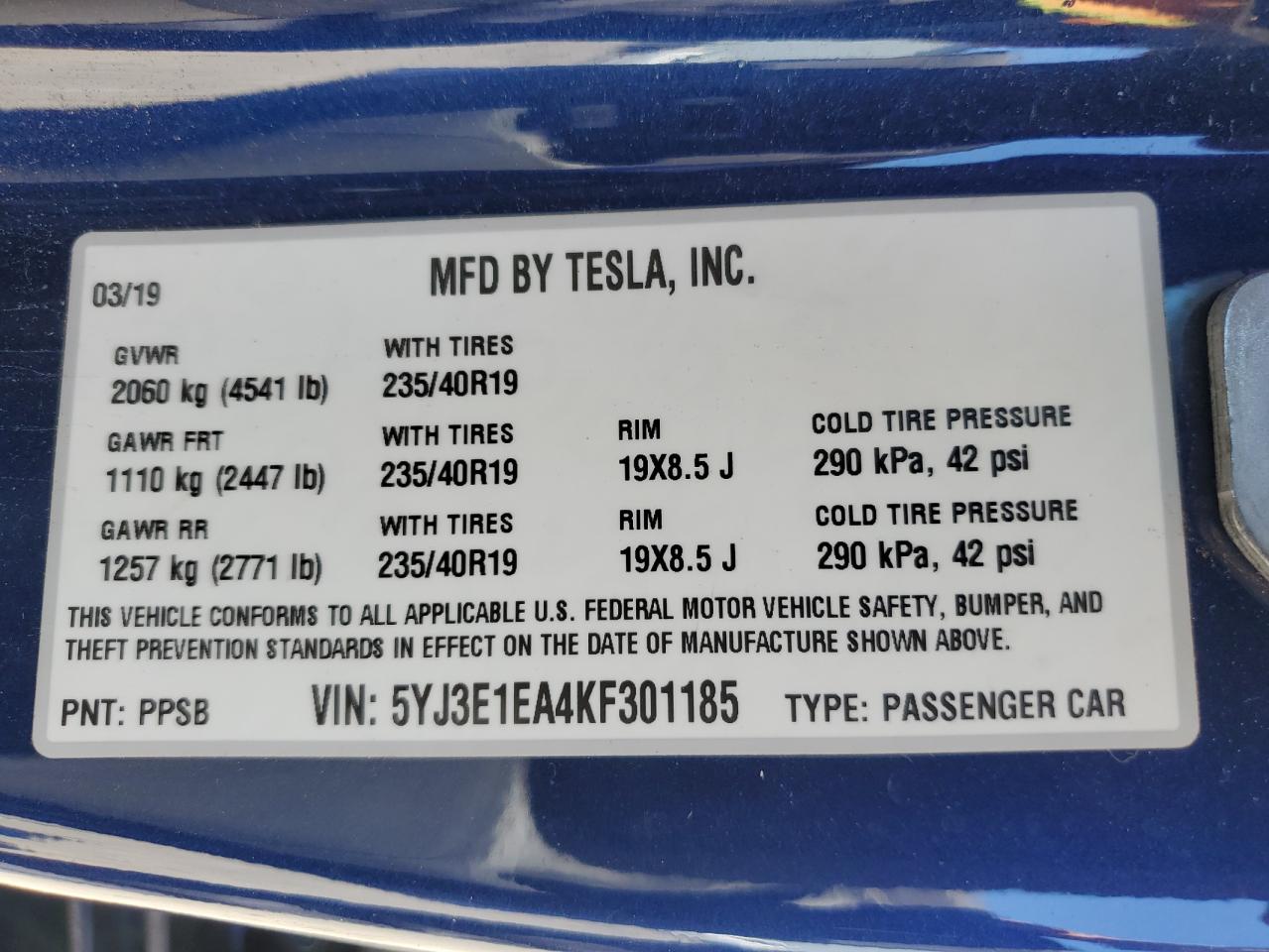 5YJ3E1EA4KF301185 2019 Tesla Model 3