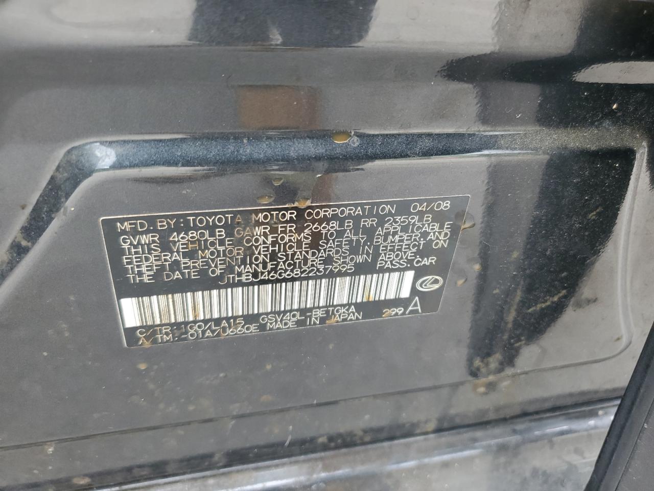 JTHBJ46G682237995 2008 Lexus Es 350