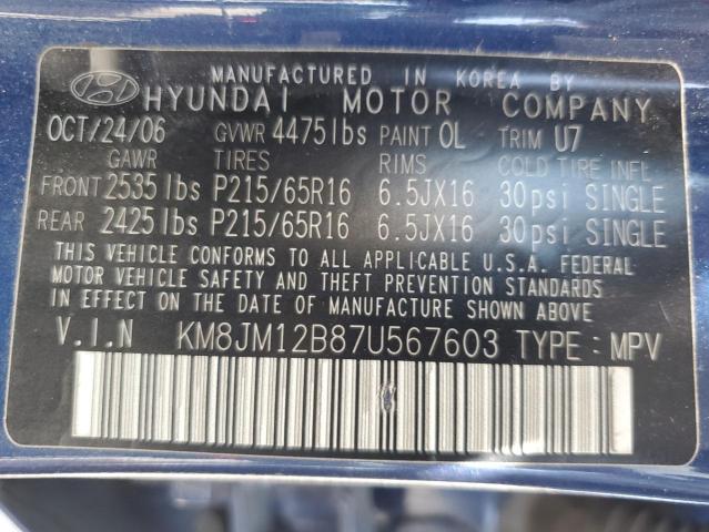 2007 Hyundai Tucson Gls VIN: KM8JM12B87U567603 Lot: 59985744