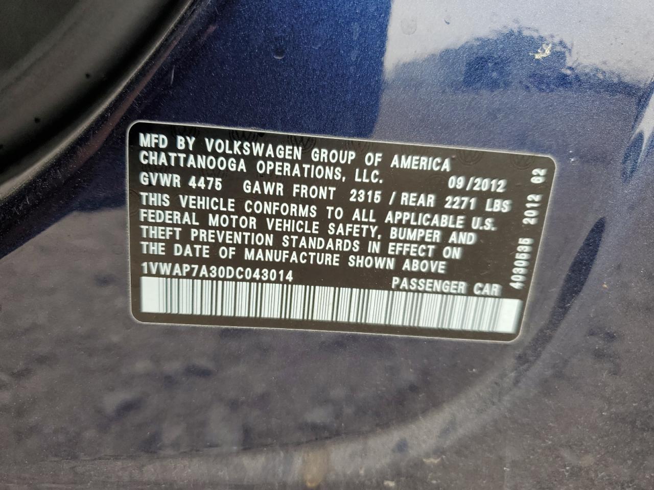 1VWAP7A30DC043014 2013 Volkswagen Passat S