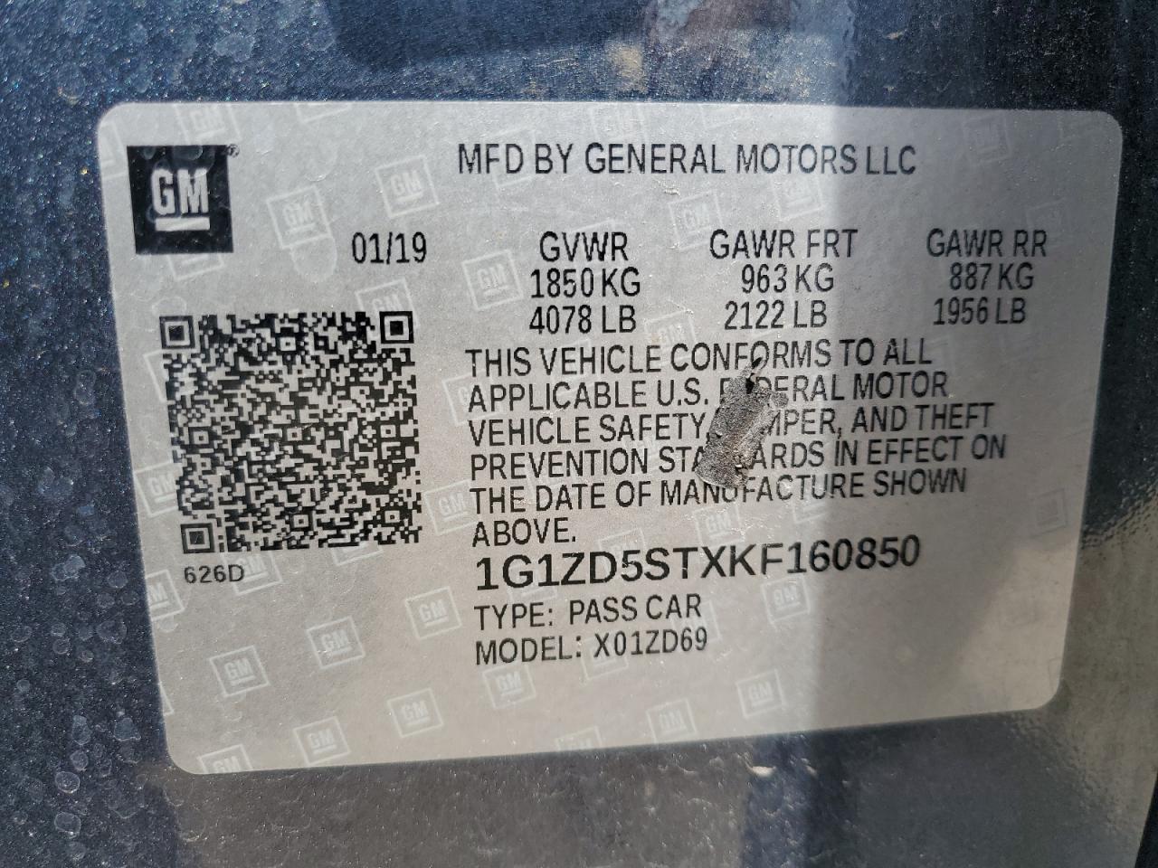 1G1ZD5STXKF160850 2019 Chevrolet Malibu Lt