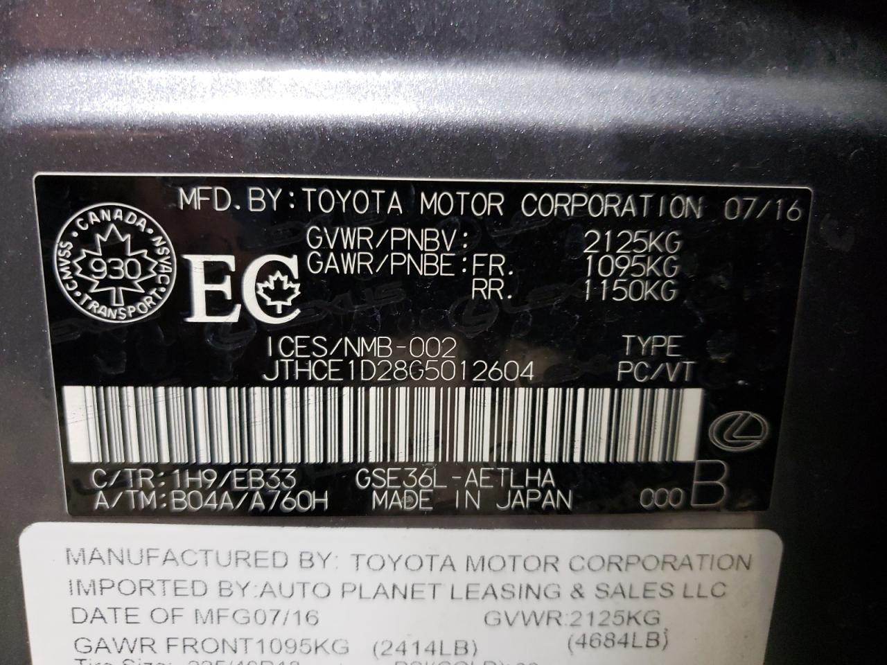 JTHCE1D28G5012604 2016 Lexus Is 350