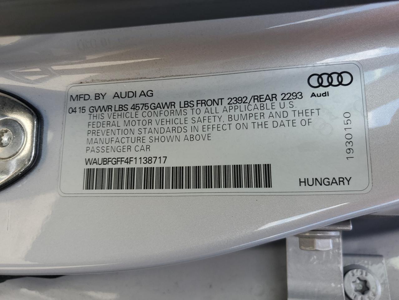 WAUBFGFF4F1138717 2015 Audi A3 Premium