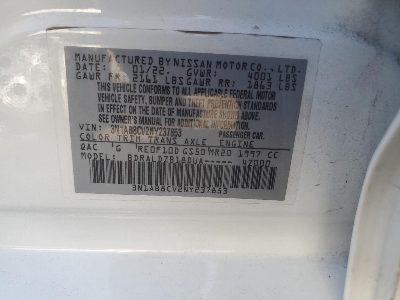 3N1AB8CV2NY237853 2022 Nissan Sentra Sv