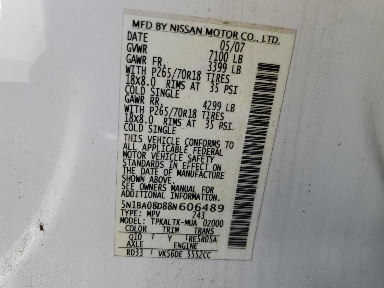 5N1BA08D88N606489 2008 Nissan Armada Se