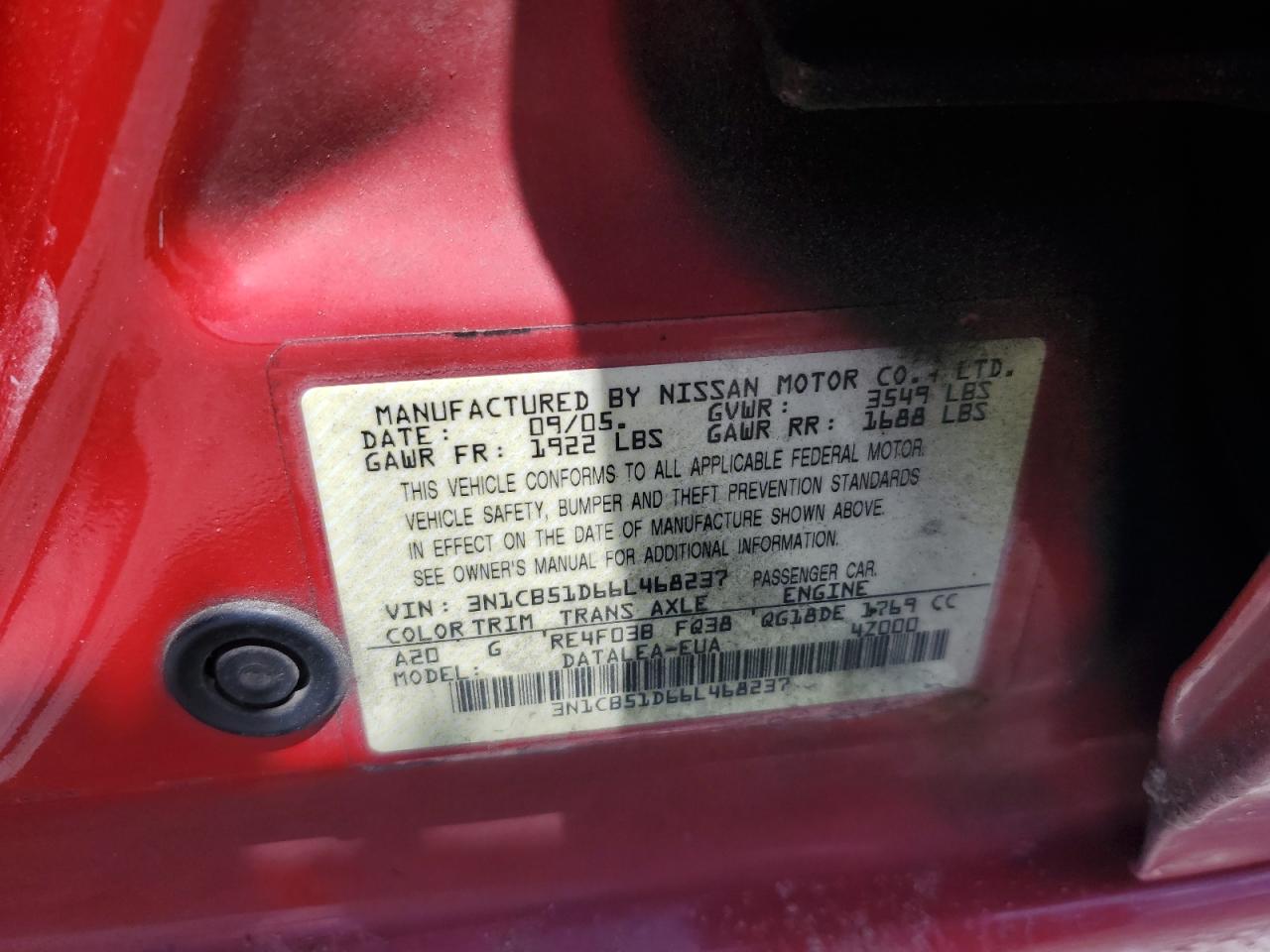 3N1CB51D66L468237 2006 Nissan Sentra 1.8
