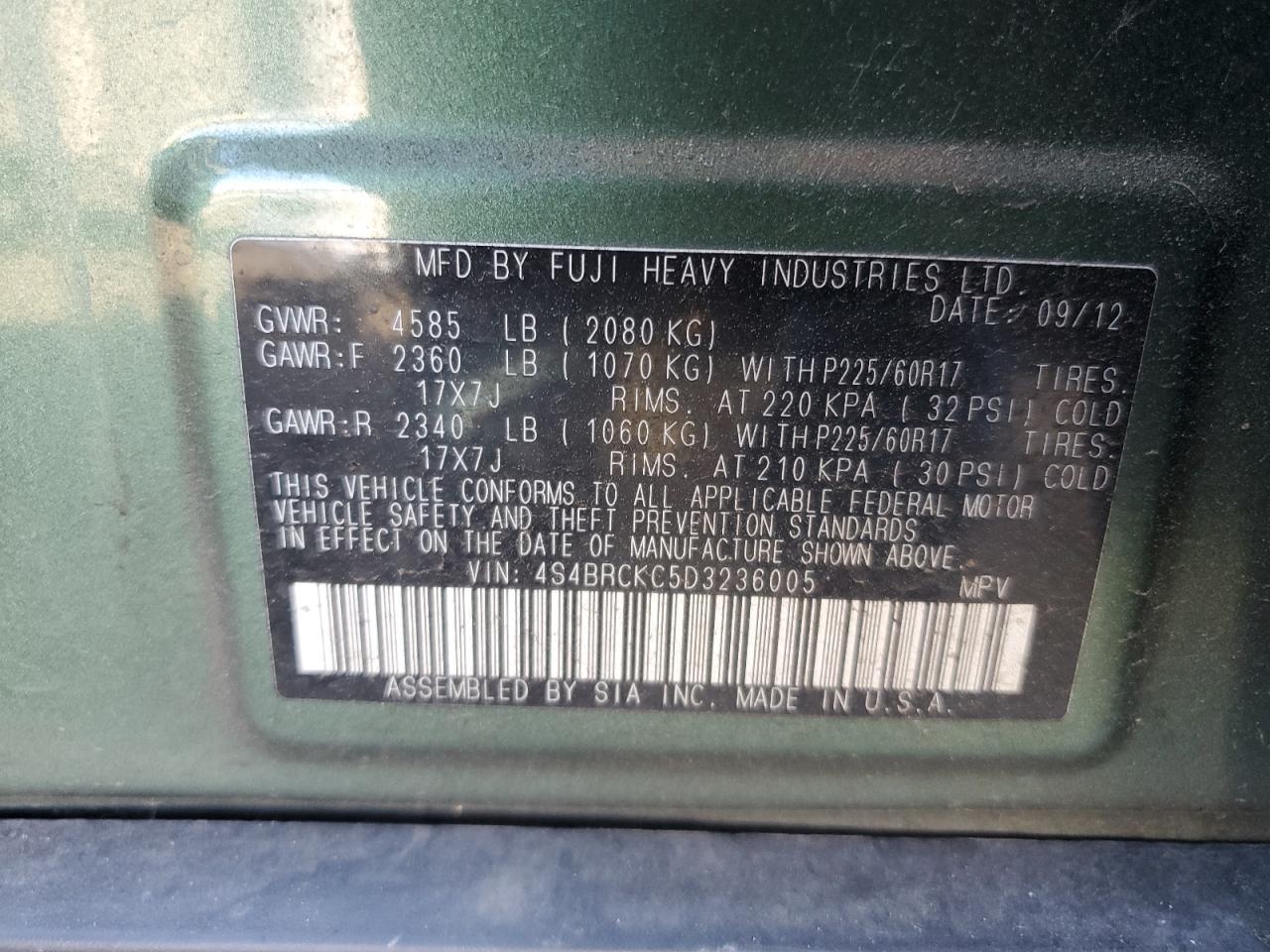 4S4BRCKC5D3236005 2013 Subaru Outback 2.5I Limited