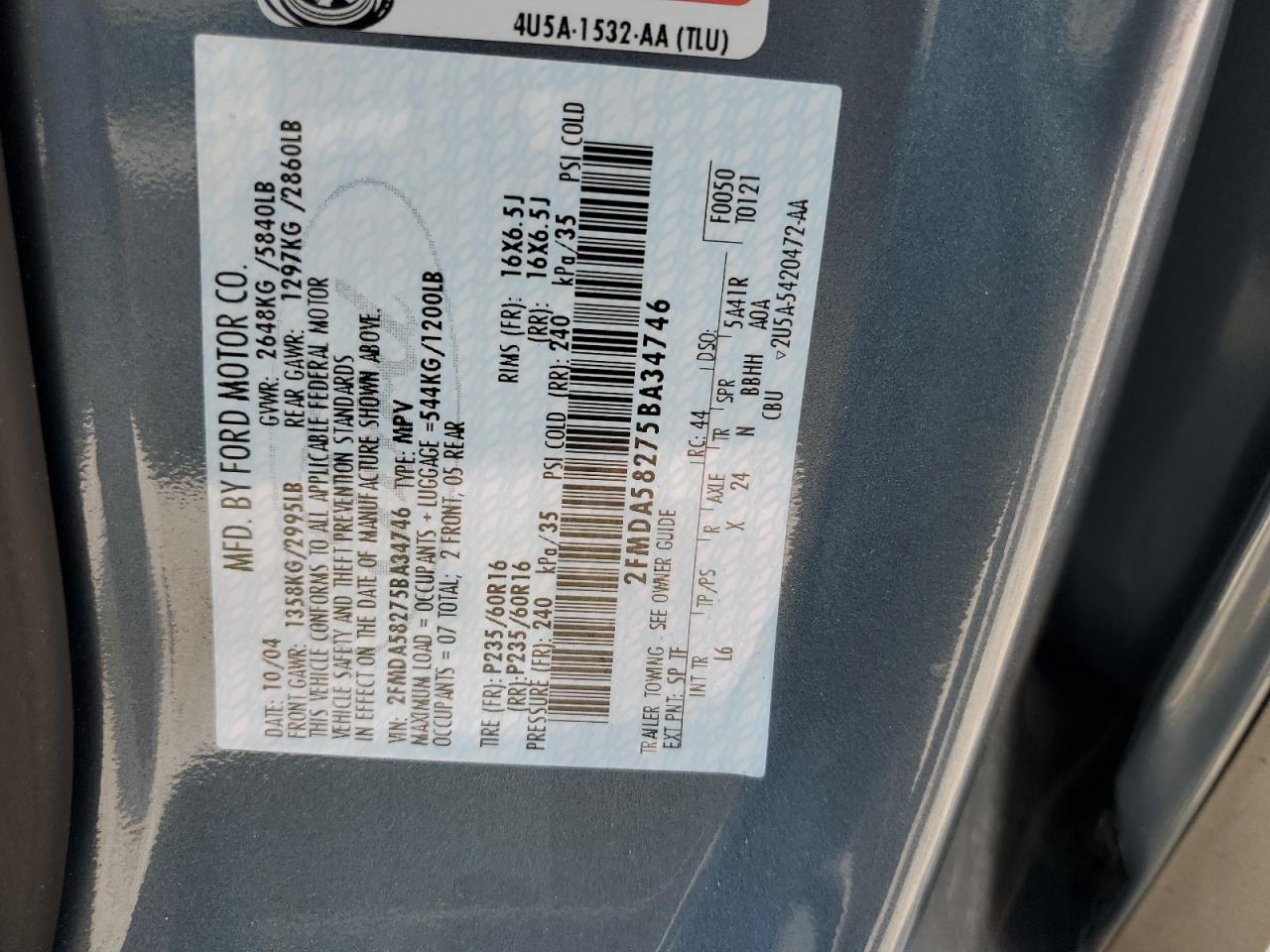 2FMDA58275BA34746 2005 Ford Freestar Limited