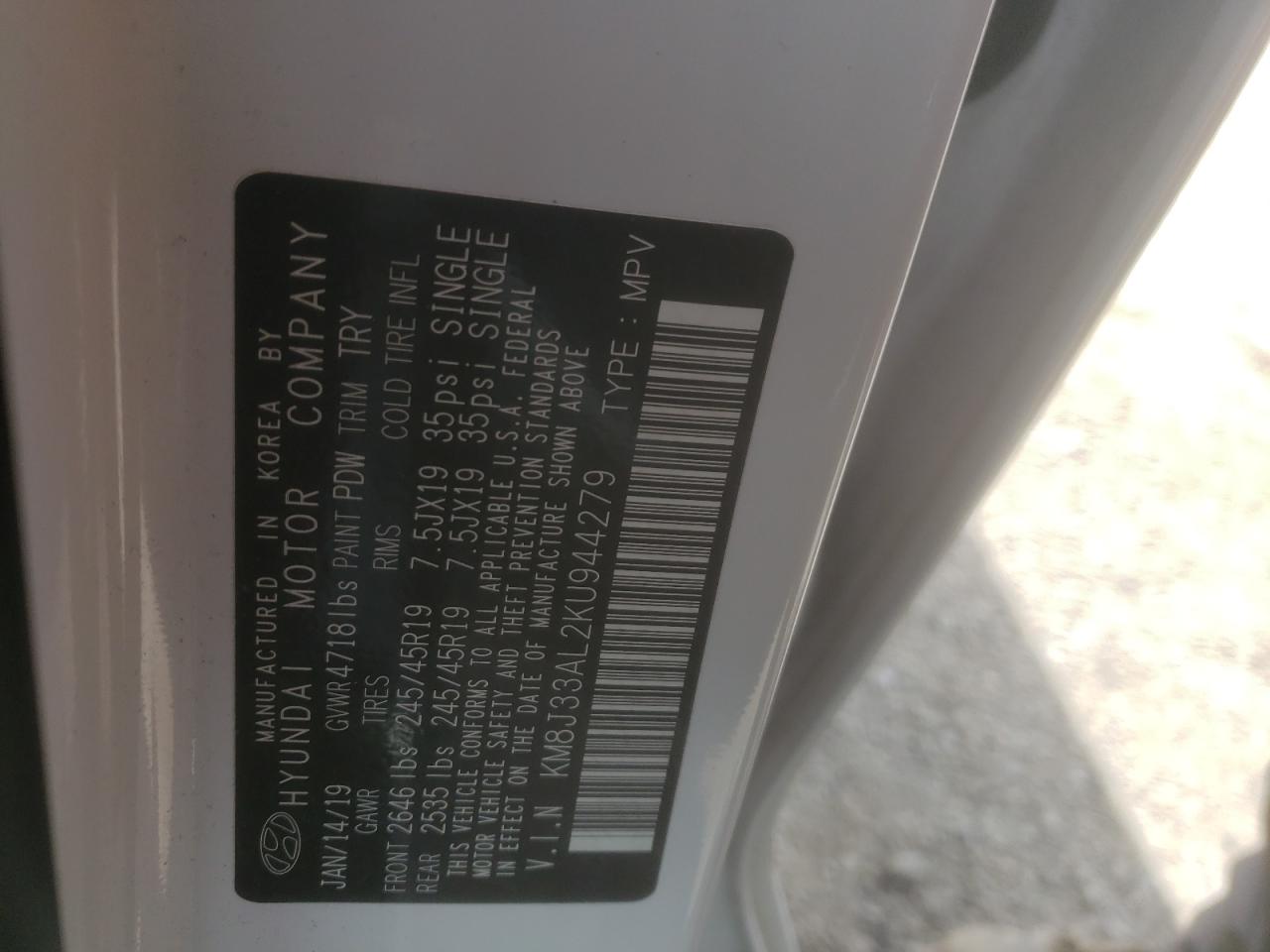 KM8J33AL2KU944279 2019 Hyundai Tucson Limited