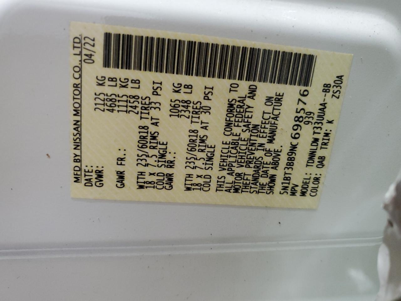 5N1BT3BB9NC698576 2022 Nissan Rogue Sv