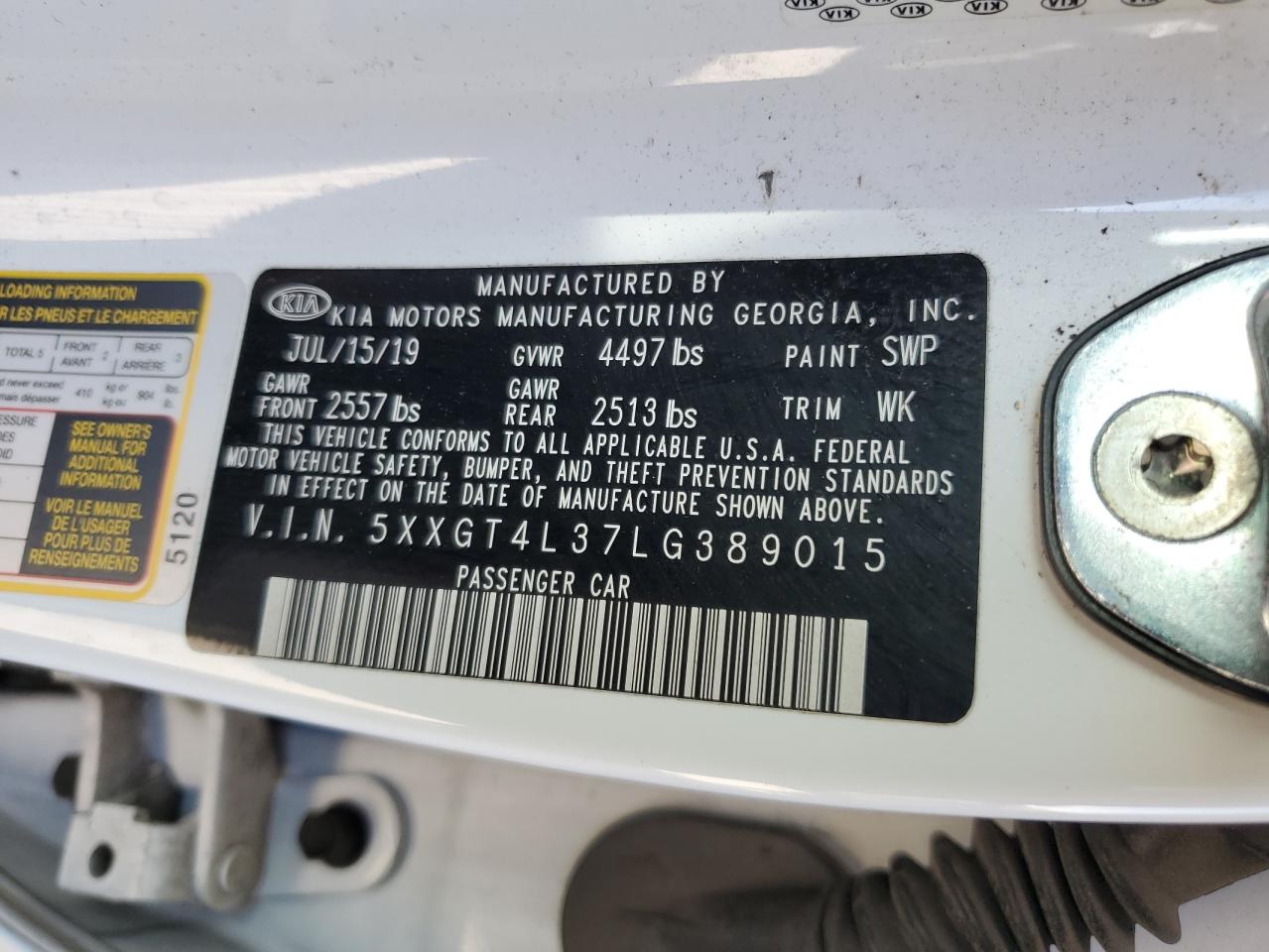 5XXGT4L37LG389015 2020 Kia Optima Lx