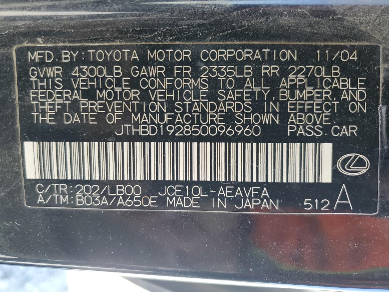 JTHBD192850096960 2005 Lexus Is 300