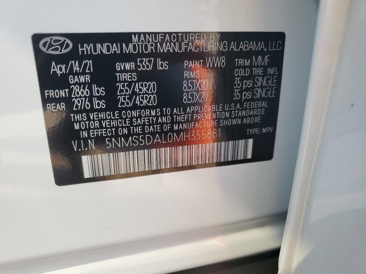 5NMS5DAL0MH355881 2021 Hyundai Santa Fe Calligraphy