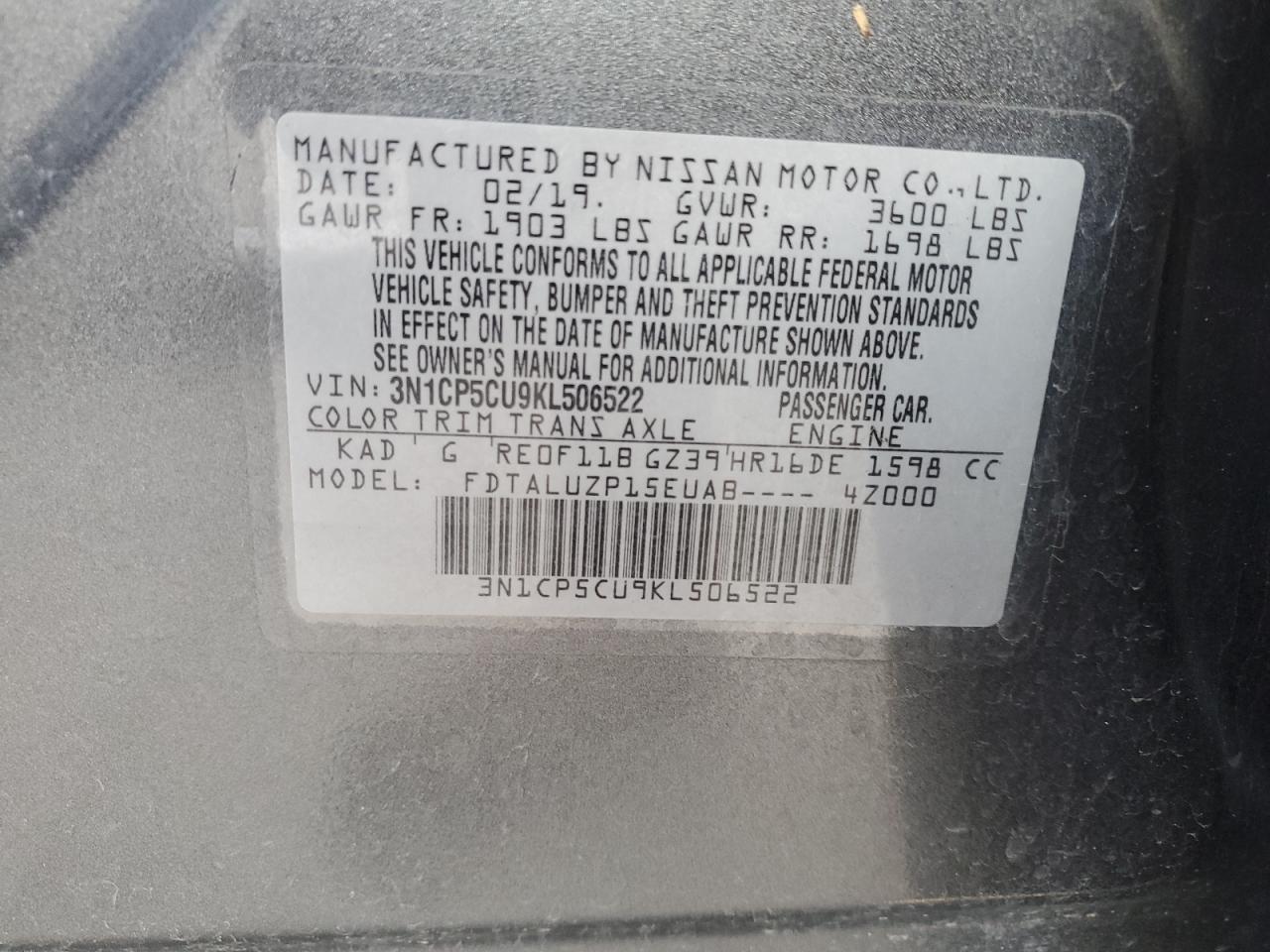 3N1CP5CU9KL506522 2019 Nissan Kicks S