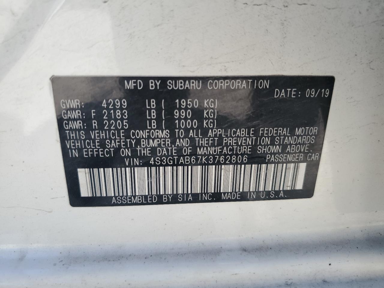 4S3GTAB67K3762806 2019 Subaru Impreza