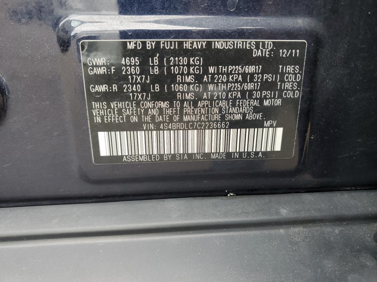 4S4BRDLC7C2236662 2012 Subaru Outback 3.6R Limited