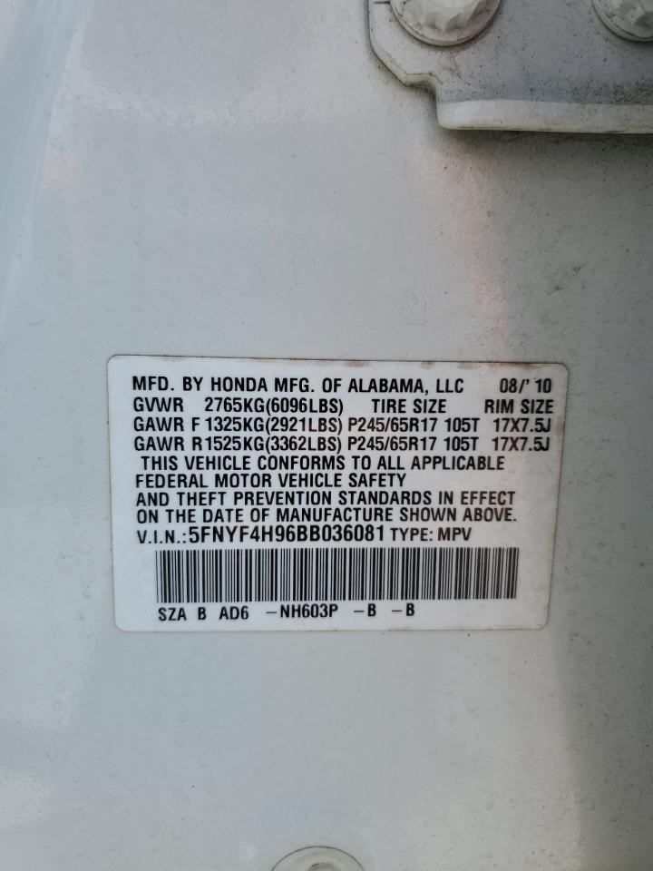 5FNYF4H96BB036081 2011 Honda Pilot Touring