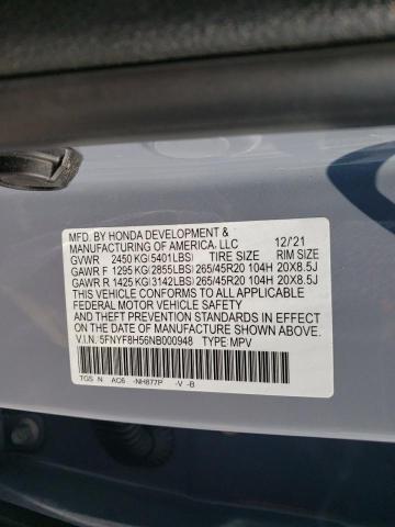 2022 Honda Passport Exl VIN: 5FNYF8H56NB000948 Lot: 59434984