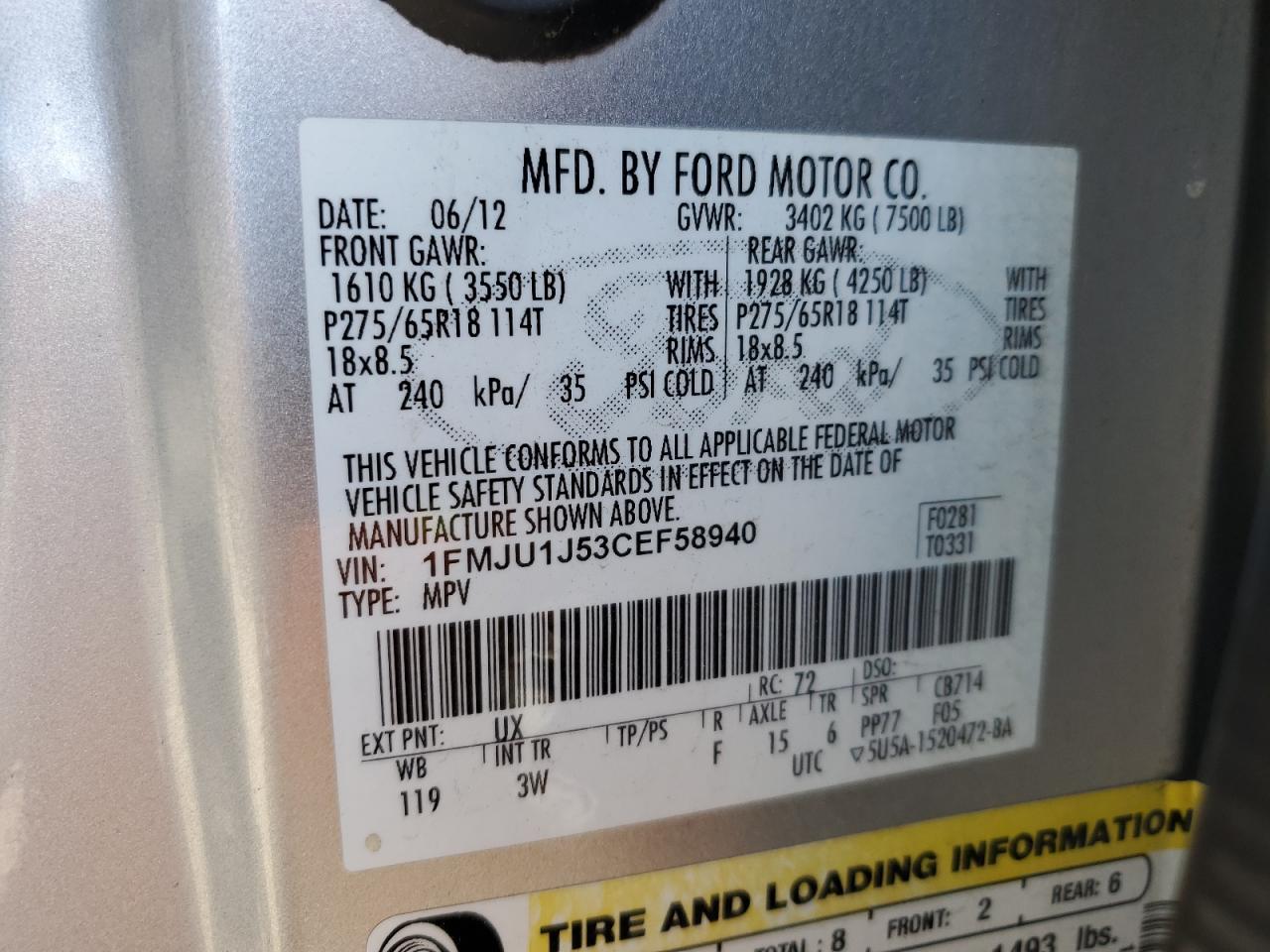 1FMJU1J53CEF58940 2012 Ford Expedition Xlt