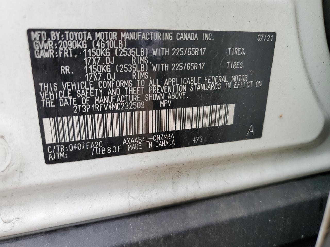 2T3P1RFV4MC232509 2021 Toyota Rav4 Xle