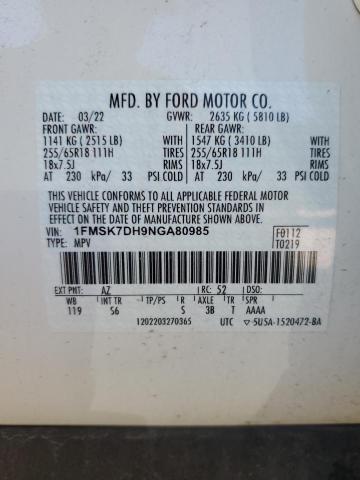 2022 Ford Explorer Xlt VIN: 1FMSK7DH9NGA80985 Lot: 58777894