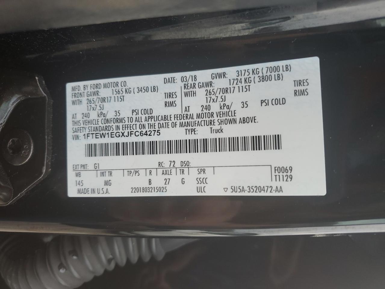 1FTEW1EGXJFC64275 2018 Ford F150 Supercrew