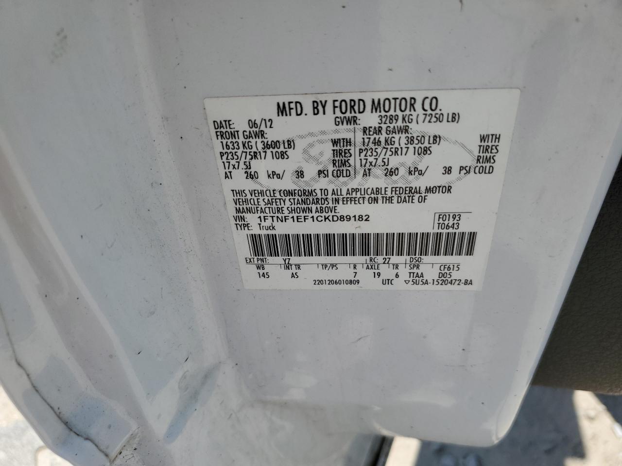1FTNF1EF1CKD89182 2012 Ford F150