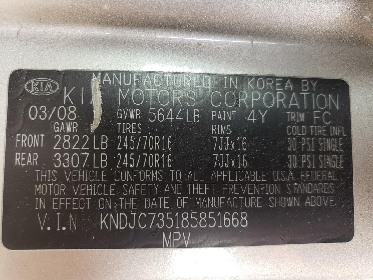 KNDJC735185851668 2008 Kia Sorento Ex