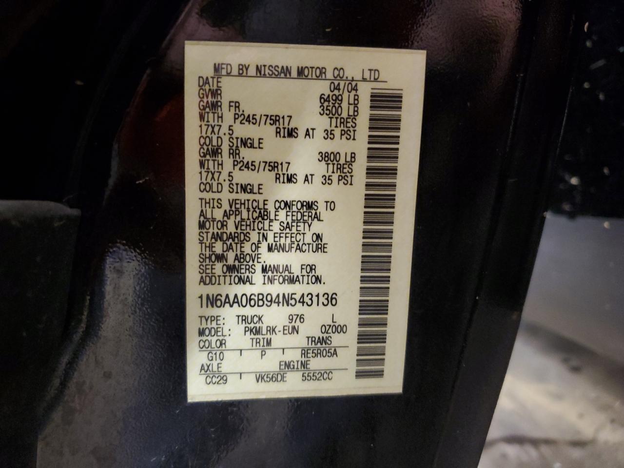 1N6AA06B94N543136 2004 Nissan Titan Xe