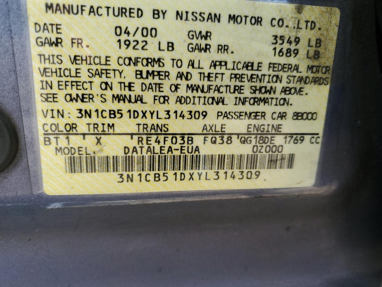3N1CB51DXYL314309 2000 Nissan Sentra Base