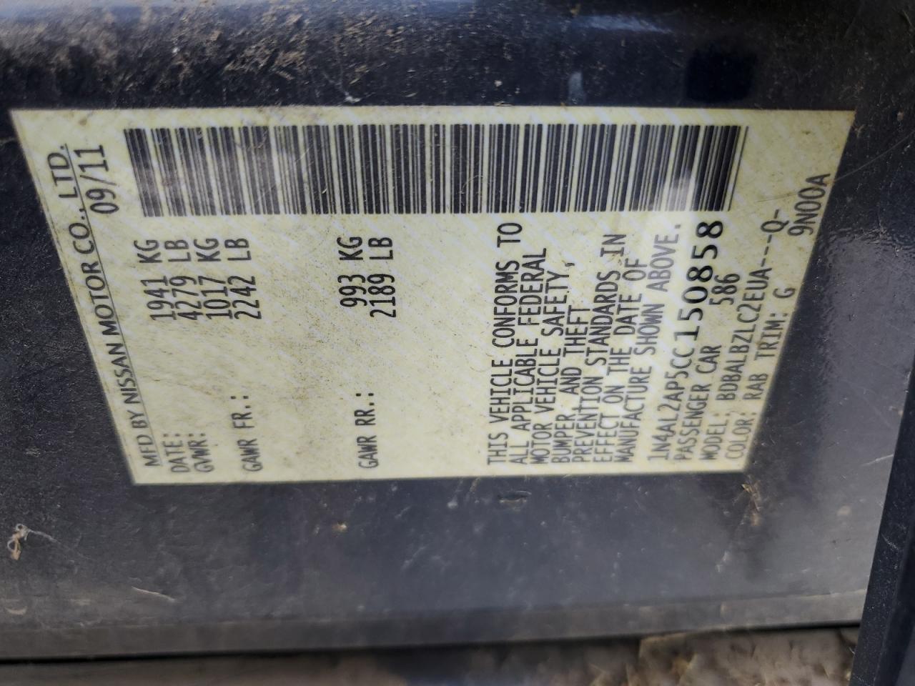 2012 Nissan Altima Base vin: 1N4AL2AP5CC150858