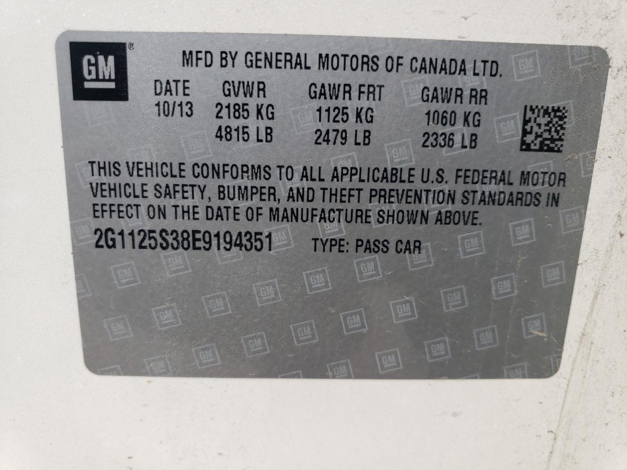 2G1125S38E9194351 2014 Chevrolet Impala Lt