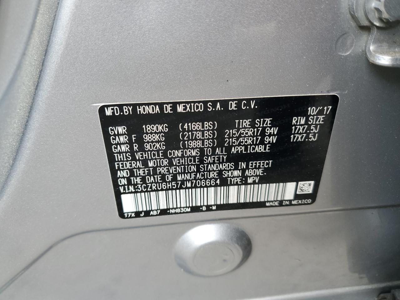 3CZRU6H57JM706664 2018 Honda Hr-V Ex