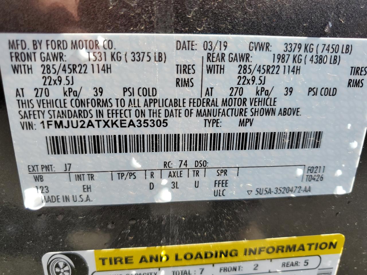 1FMJU2ATXKEA35305 2019 Ford Expedition Limited