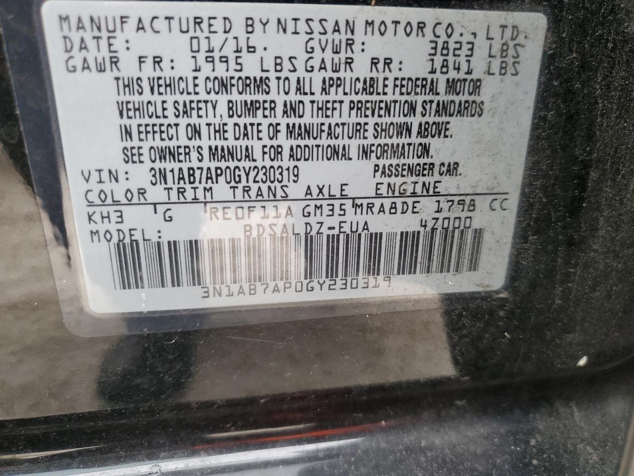 3N1AB7AP0GY230319 2016 Nissan Sentra S