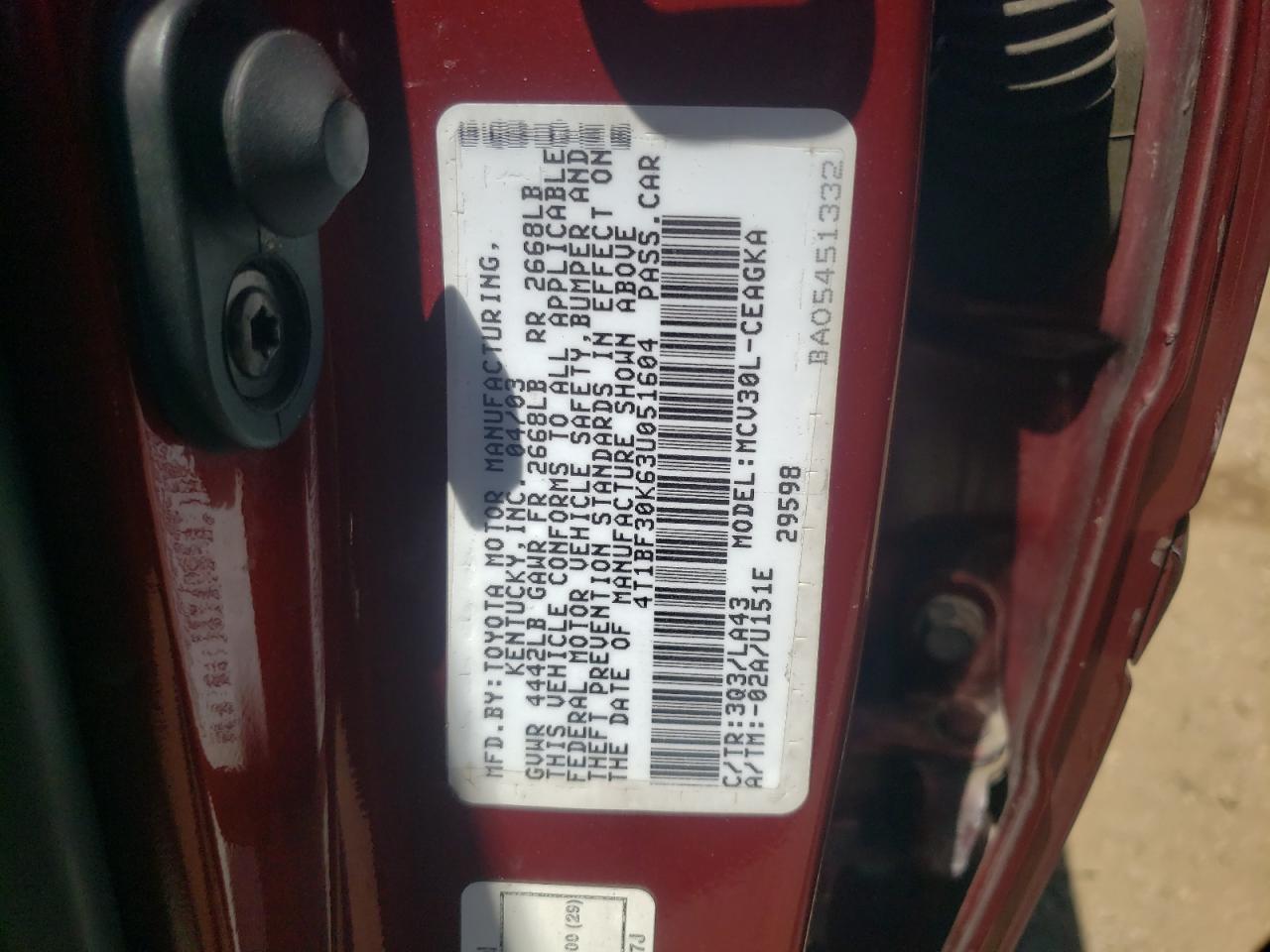 4T1BF30K63U051604 2003 Toyota Camry Le