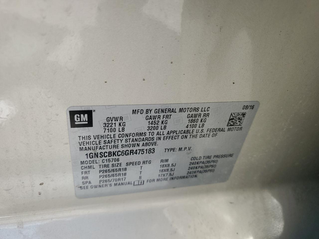 1GNSCBKC6GR475183 2016 Chevrolet Tahoe C1500 Lt