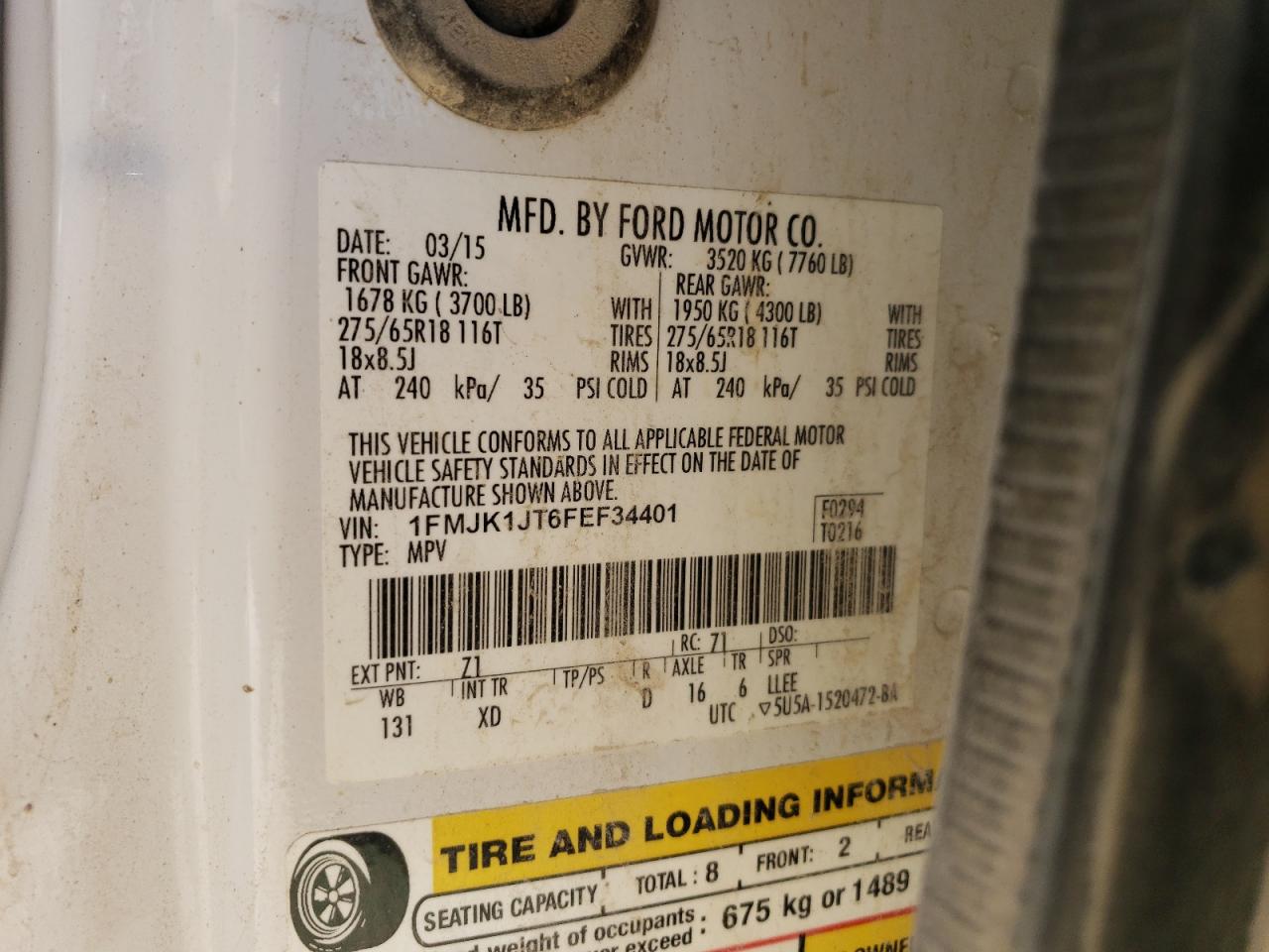 1FMJK1JT6FEF34401 2015 Ford Expedition El Xlt