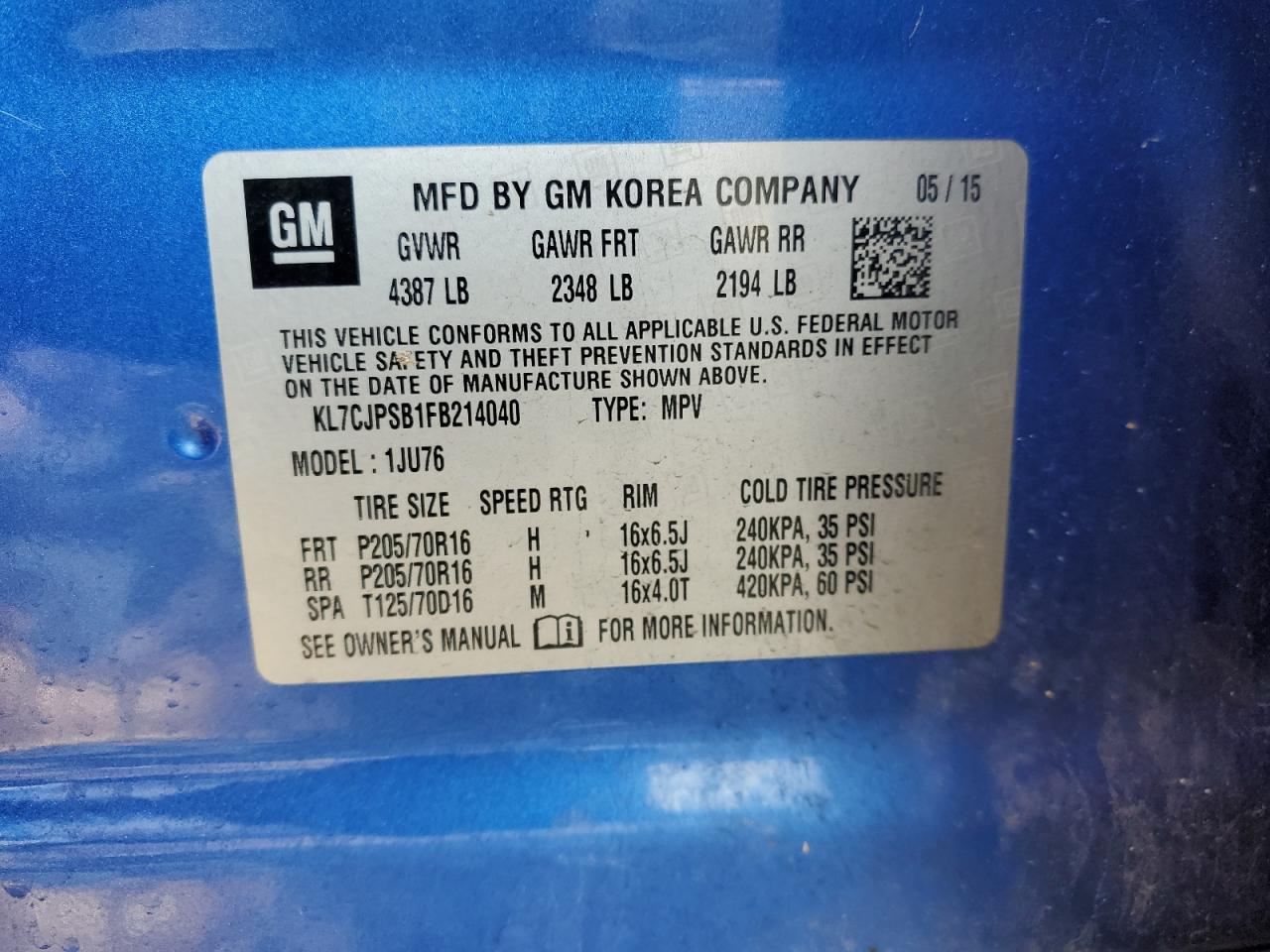 KL7CJPSB1FB214040 2015 Chevrolet Trax 1Ls