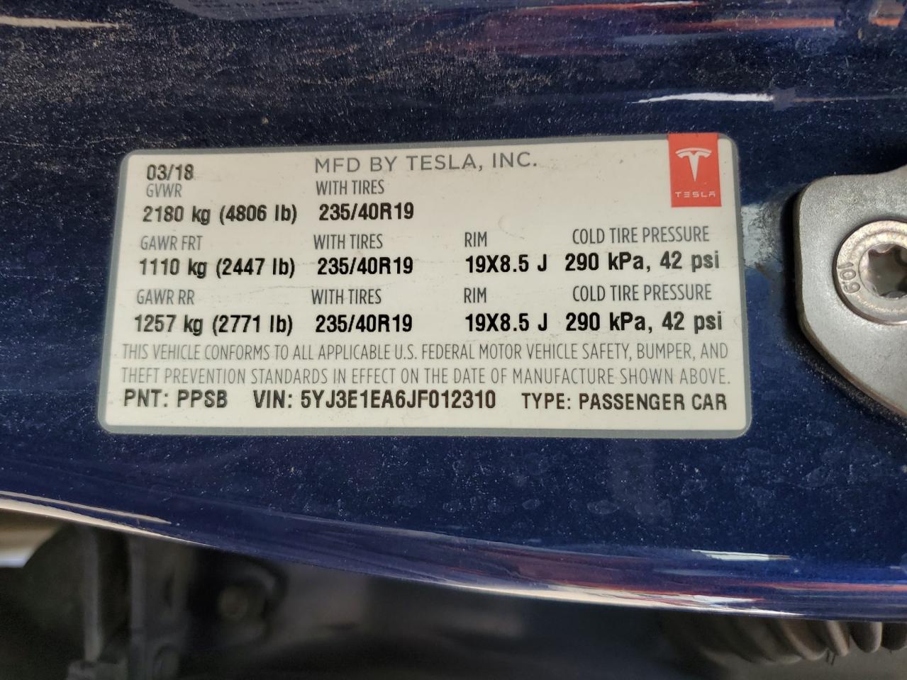 5YJ3E1EA6JF012310 2018 Tesla Model 3