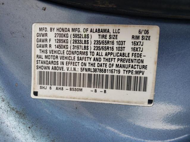 2006 Honda Odyssey Exl VIN: 5FNRL38786B116719 Lot: 59428954