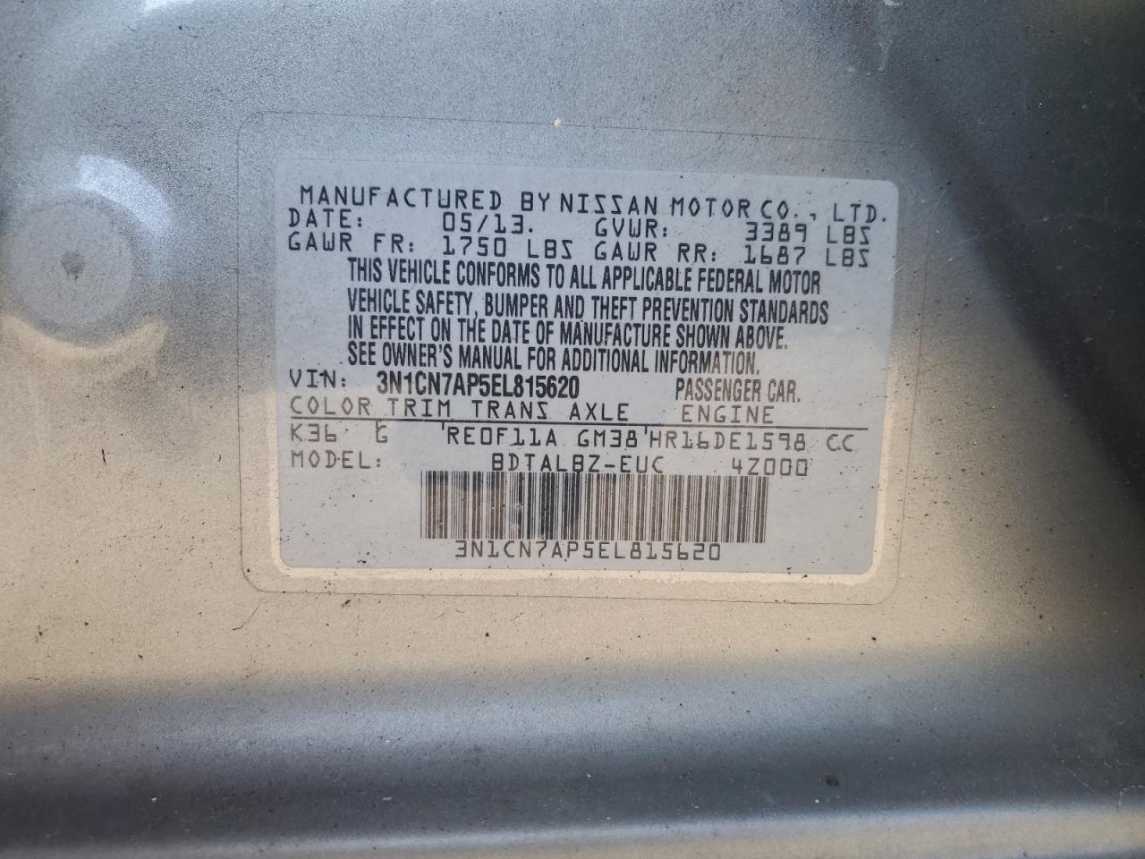 3N1CN7AP5EL815620 2014 Nissan Versa S