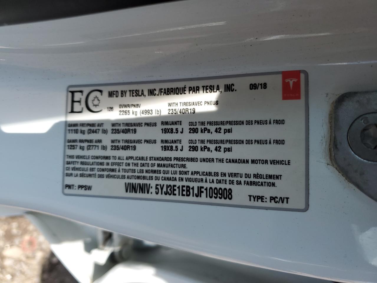 5YJ3E1EB1JF109908 2018 Tesla Model 3