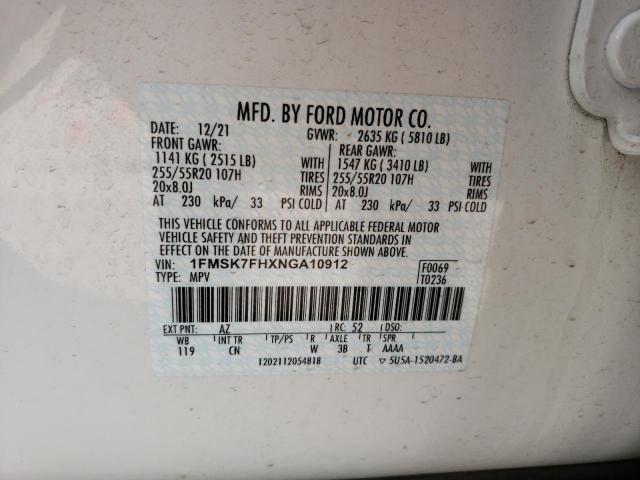 2022 Ford Explorer Limited VIN: 1FMSK7FHXNGA10912 Lot: 56723944