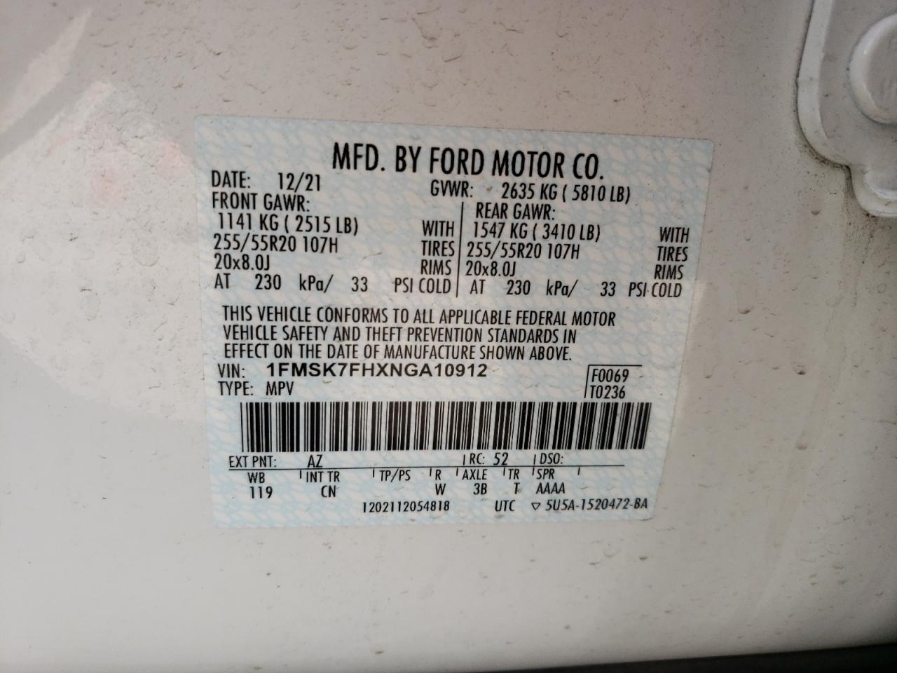 1FMSK7FHXNGA10912 2022 Ford Explorer Limited