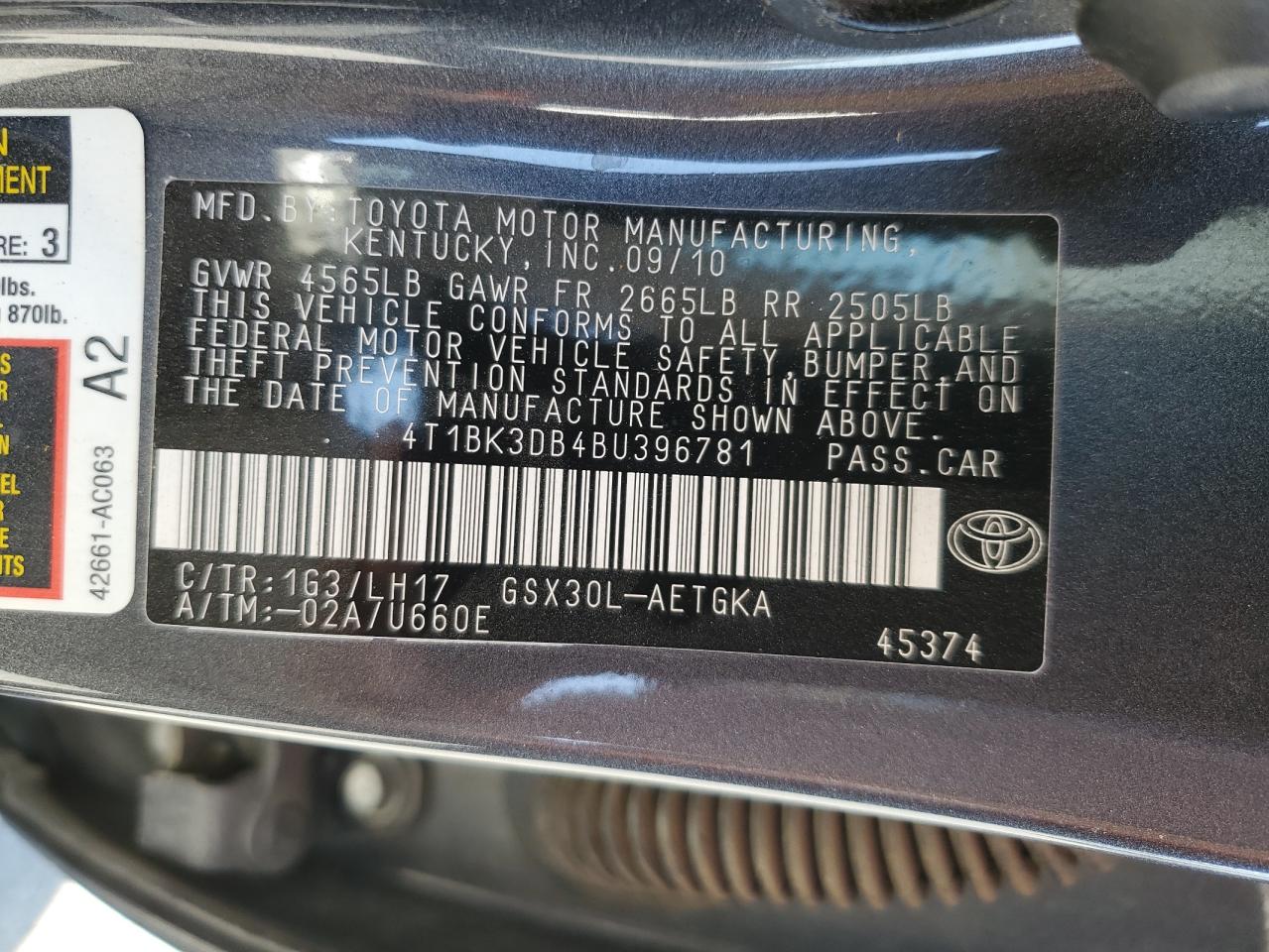 4T1BK3DB4BU396781 2011 Toyota Avalon Base