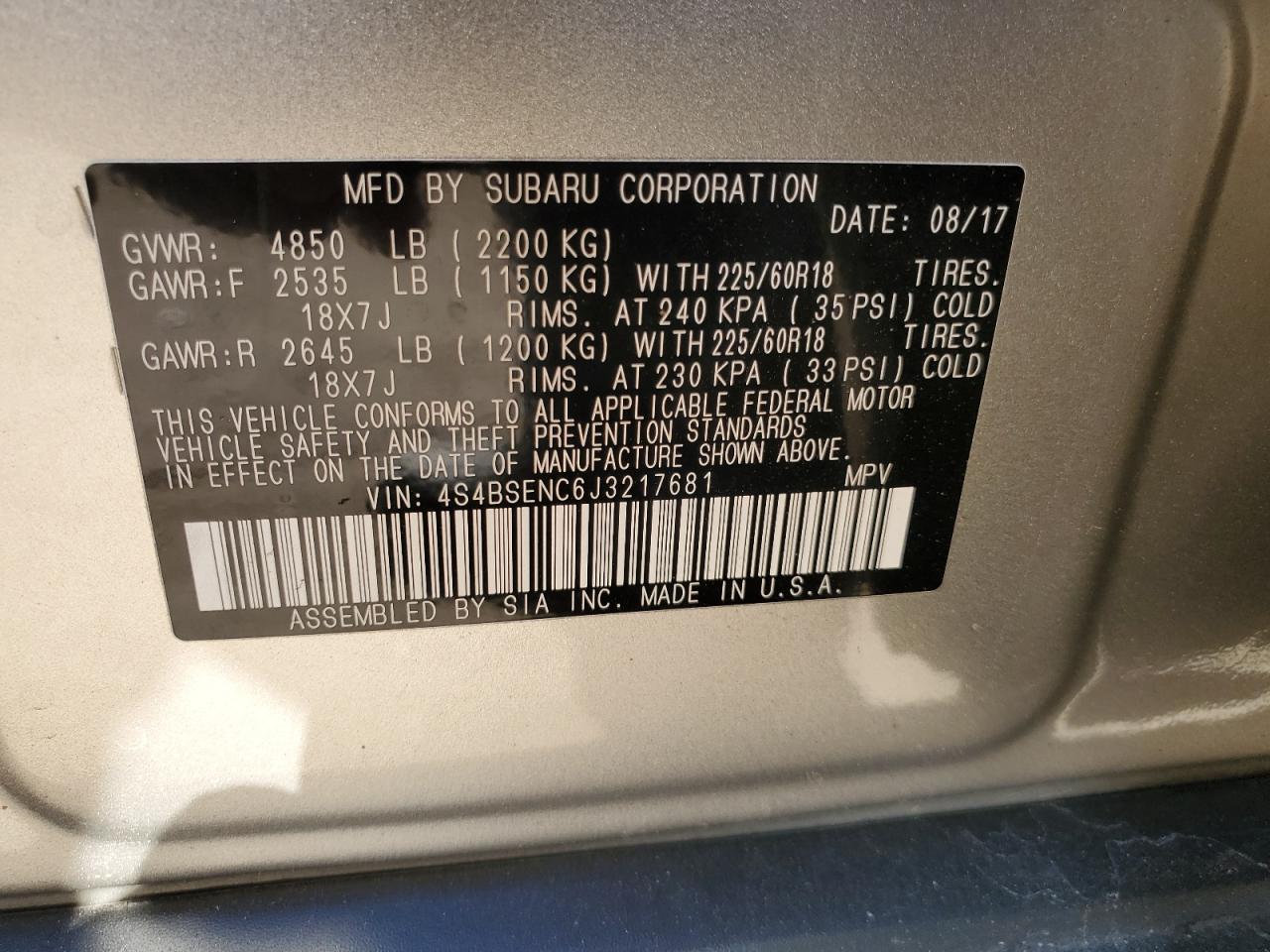 4S4BSENC6J3217681 2018 Subaru Outback 3.6R Limited