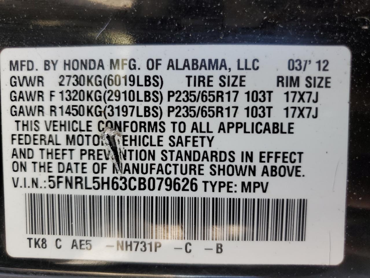 5FNRL5H63CB079626 2012 Honda Odyssey Exl