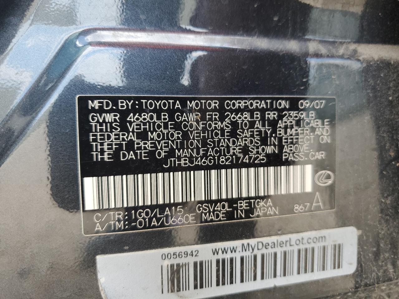 JTHBJ46G182174725 2008 Lexus Es 350