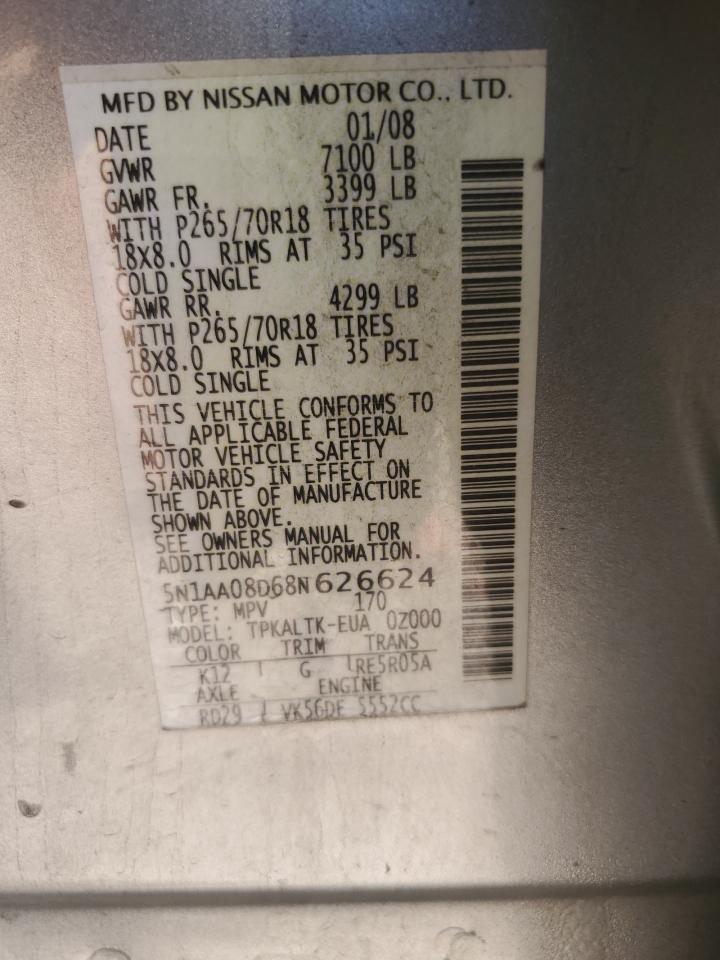 5N1AA08D68N626624 2008 Nissan Armada Se